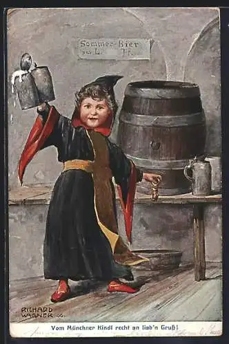 Künstler-AK Richard Wagner: Münchner Kindl zapft Bier am Bierfass