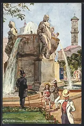 Künstler-AK Richard Wagner: München, Nornen-Brunnen, Protest. Kirche