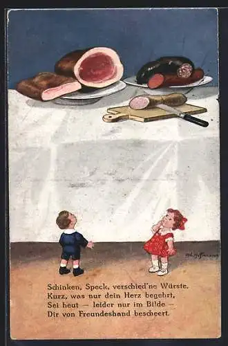 Künstler-AK Ad. Hoffmann: Mit einem Gruss schick ich heut..., Kinder und Schlachteplatte