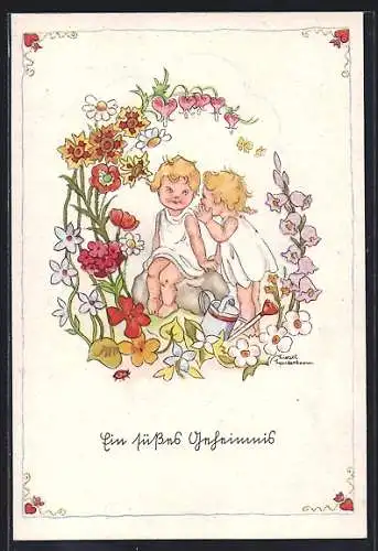 Künstler-AK Liesel Lauterborn: Ein Kind flüstert einem anderen etwas zu, Ein süsses Geheimnis
