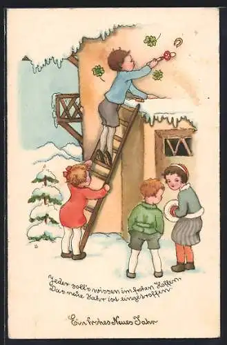 Künstler-AK Liesel Lauterborn: Kinder malen Klee, Fliegenpilze und Hufeisen an die Wand, Neujahrsgrüsse
