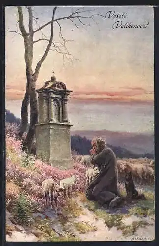 AK Schäfer kniet und betet an einem Flurkreuz