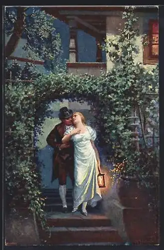 Künstler-AK Adolf Liebscher: Paar verabschiedet sich vor einem Haus