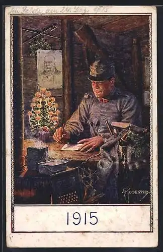 Künstler-AK Franz Kuderna: 1915, Soldat im Unterstand schreibt Weihnachtsgrüsse
