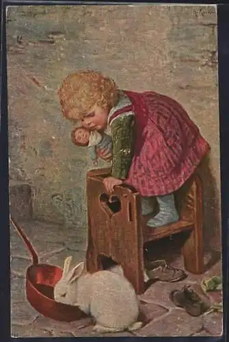 Künstler-AK Degi Nr. 924: Hasenfüsse, Mädchen mit Puppe fürchtet sich vor einem Hasen