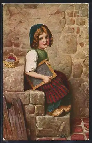 Künstler-AK Hermann Kaulbach: Gretel sitzt mit Schiefertafel auf dem Treppenabsatz