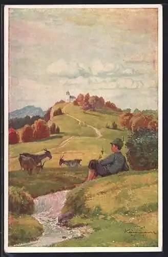 Künstler-AK Robert Kämmerer: Ziegenhirte mit Ziegen an einem Bach in herbstlicher Landschaft