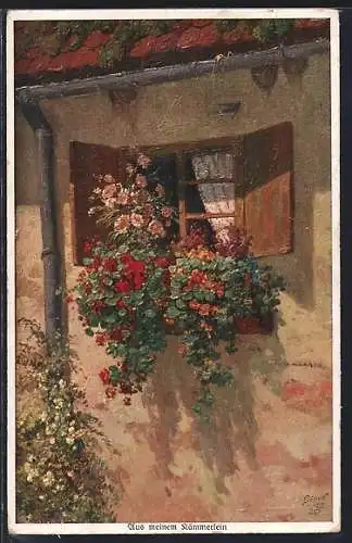 Künstler-AK Wohlgemuth & Lissner, Primus-Postkarte No.1130: Offenes Fenster mit Blumenpracht