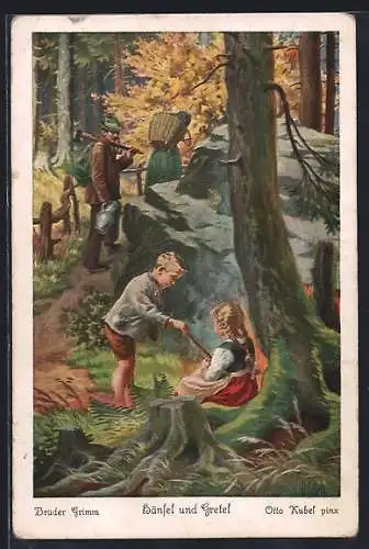 Künstler-AK Otto Kubel: Brüder Grimm, Hänsel und Gretel, Nr. 2, Der Holzhacker lässt die Kinder im Wald zurück