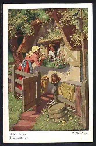 Künstler-AK Otto Kubel: Nr. 4, Brüder Grimm, Die verkleidete Stiefmutter mit vergiftetem Apfel beim Schneewittchen
