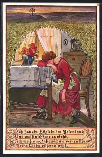 Künstler-AK F. Gareis: Traurige Frau sitzt an einem Tisch mit dem Foto eines Soldaten