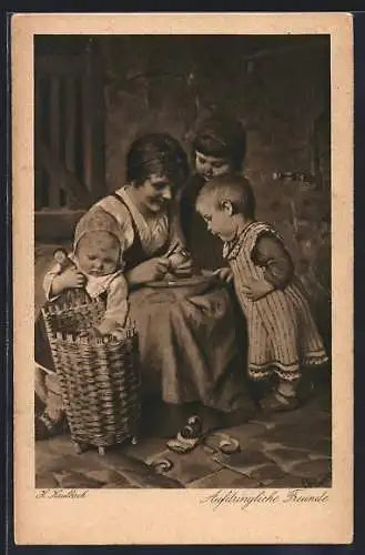 Künstler-AK Hermann Kaulbach: Aufdringliche Freunde, Frau schält Apfel, Kinder daneben