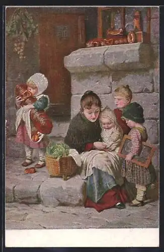 Künstler-AK Hermann Kaulbach: Unser täglich Brot gib uns heute, Kinder auf Treppenabsatz, Schiefertafel