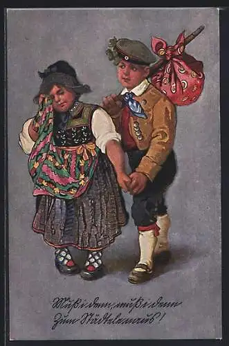 AK Junge verabschiedet sich, um in den Krieg zu ziehen, Kinder Kriegspropaganda