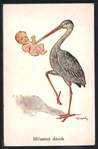Künstler-AK Elly Frank: Storch mit Baby, Glückwunsch zur Geburt