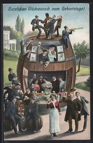 AK Fröhliche Menschen beim Bierausschank, Fotomontage mit grossem Bierfass