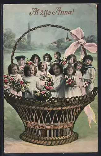 AK Kinder mit Blumen in einem Weidenkorb
