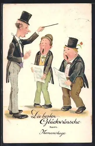 Künstler-AK Drei Männer singen, Die besten Glückwünsche zum Namenstage