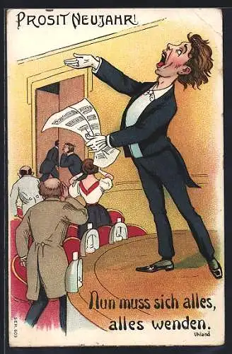 Künstler-AK Menschen verlassen den Saal während ein Mann singt, Nun muss sich alles wenden