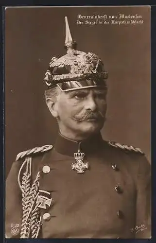 AK Generaloberst von Mackensen in Uniform mit Pickelhaube, Der Sieger in der Karpathenschlacht
