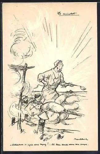 Künstler-AK Francisque Poulbot: Soldat mit Suppenkelle, Attention on syne vous tapez...!