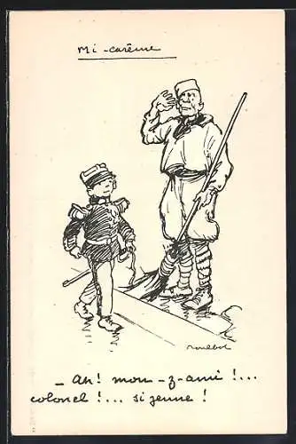 Künstler-AK Francisque Poulbot: Kleiner Soldat in Uniform marschiert, Au! Mon-z-ami! ... colonel! ... si jeune!