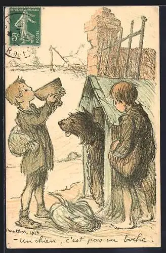 Künstler-AK Francisque Poulbot: Un chien, c`est pas un boche, Kinder trinken aus dem Hundenapf