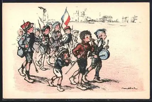 Künstler-AK Francisque Poulbot: Kinder marschieren und musizieren mit frnzösischer Flagge