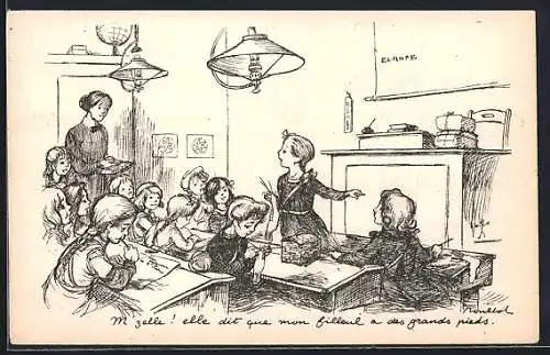 Künstler-AK Francisque Poulbot: M`zelle! elle dit que mon filleul..., Scherz, Schule