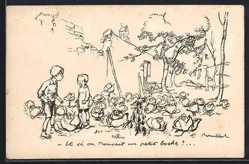 Künstler-AK Francisque Poulbot: Zwei Kinder stehen auf einem Kohlfeld