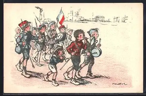 Künstler-AK Francisque Poulbot: Kinder marschieren und musizieren mit französischer Flagge
