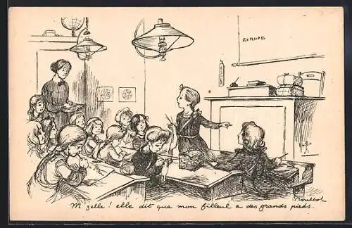 Künstler-AK Francisque Poulbot: M`zelle! elle dit que mon filleul..., Scherz, Schule