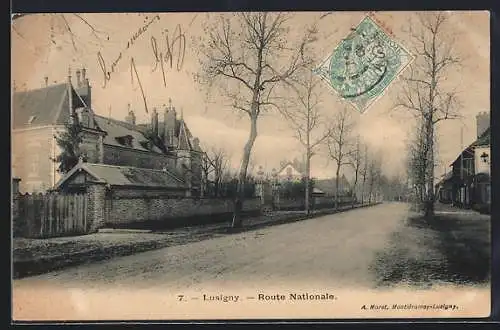 AK Lusigny, Route Nationale bordée d`arbres et maisons élégantes