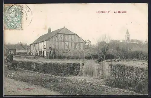AK Lusigny, Le Moulin et vue de l`église au fond