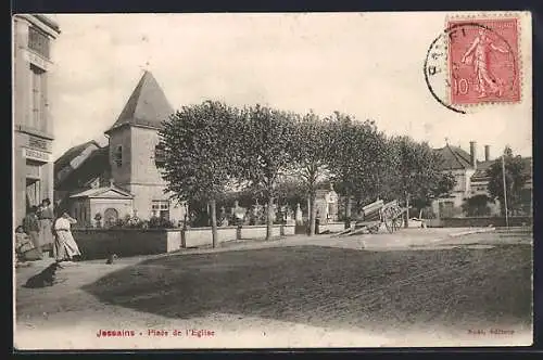 AK Jessains, Place de l`Église avec scène de rue animée