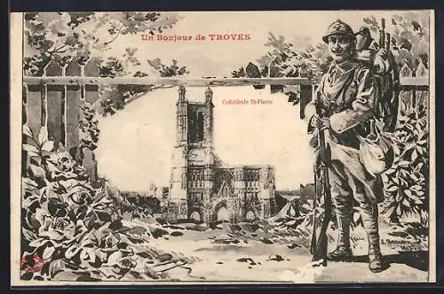 AK Troyes, Cathédrale St-Pierre avec soldat en uniforme et fleurs