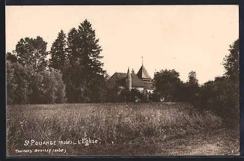 AK Saint-Pouange, L`Église vue à travers les arbres et les champs