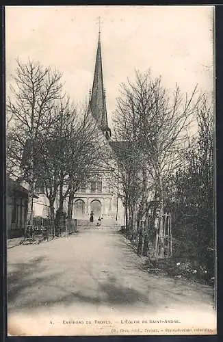 AK Troyes, L`Église de Saint-André et allée bordée d`arbres