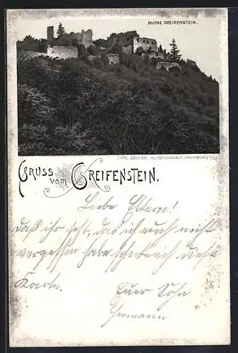 Lithographie Blankenburg, Ruine Greifenstein, Ortspanorama mit Bäumen