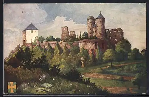 Künstler-AK Greifenstein / Hessen, Burg Greifenstein, Burgruine mit Türmen und Wald
