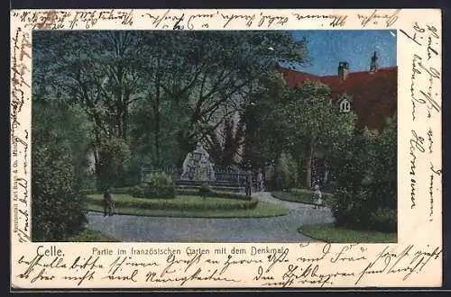 Luna-AK Celle, Französischer Garten mit Denkmal