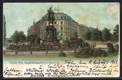 Lithographie Köln-Neustadt, Kaiser-Wilhelm-Ring mit Denkmal
