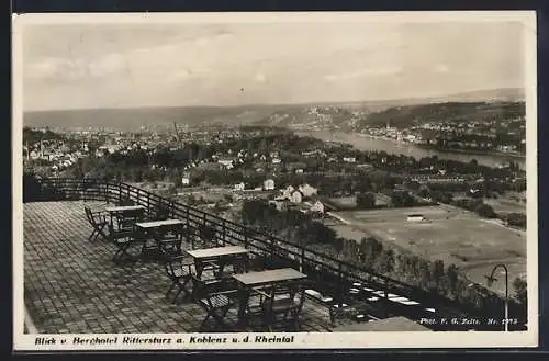 AK Koblenz, Blick vom Berghotel Rittersturz ins Rheintal