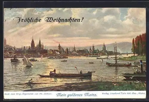 AK Mainz, Stadtansicht mit Booten auf dem Rhein