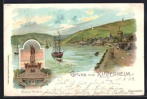 Lithographie Rüdesheim am Rhein, Nationaldenkmal und Hafenansicht