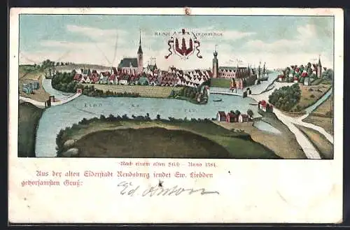 Künstler-AK Rendsburg, historische Stadtansicht von 1584