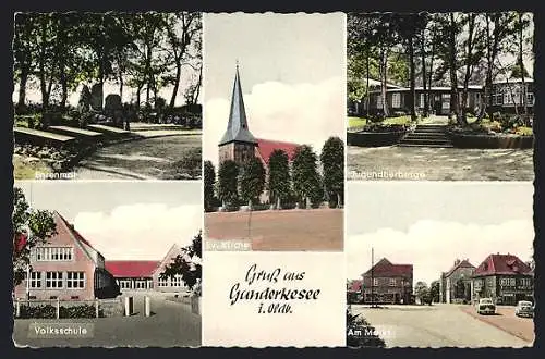 AK Ganderkesee, Ehrenmal, Volksschule, Jugendherberge und verschiedene Gebäudeansichten