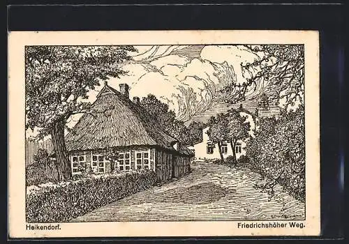 Künstler-AK Heikendorf, Friedrichshöher Weg mit Reetdachhaus