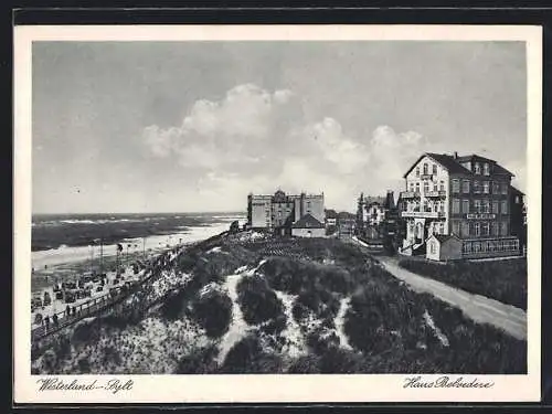 AK Westerland / Sylt, Haus Belvedere mit Strandansicht