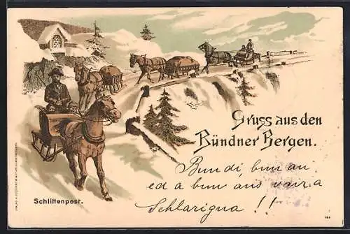 Lithographie Graubünden, Gruss aus den Bündner Bergen, Schlittenpost im Schnee